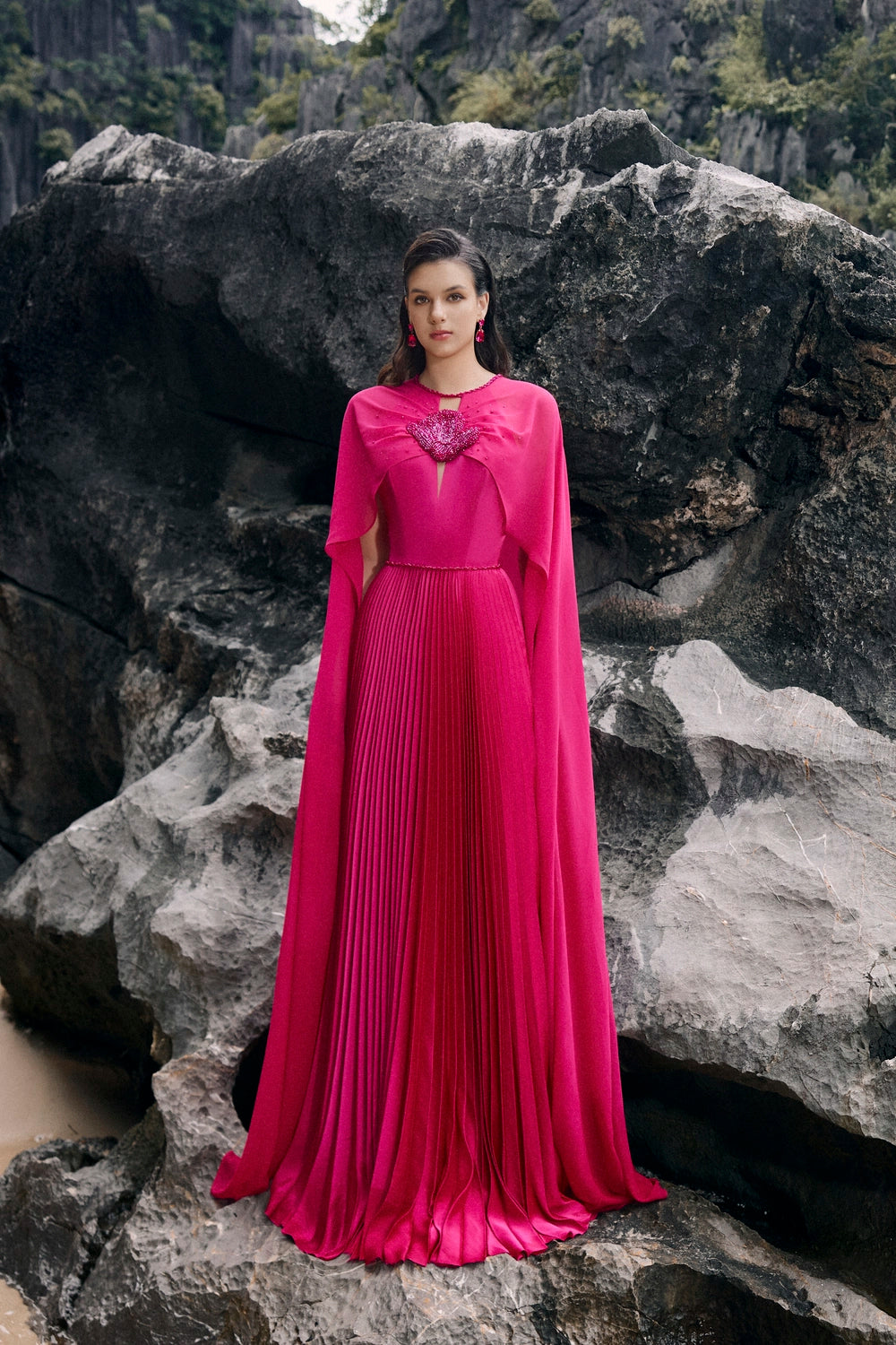 Long Sleeves Cape Pleated Dress